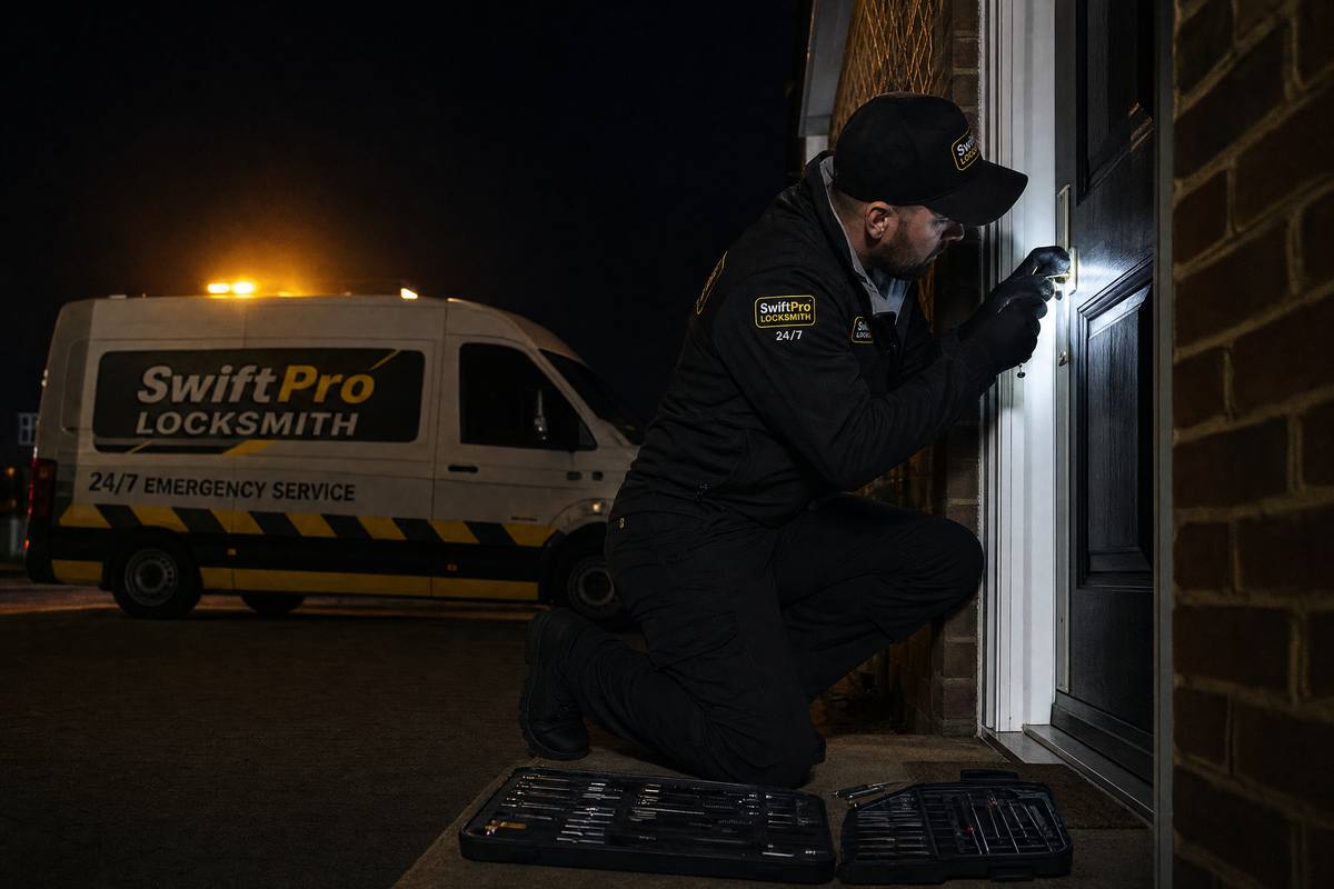Cerrajero de urgencias trabajando de noche en una puerta