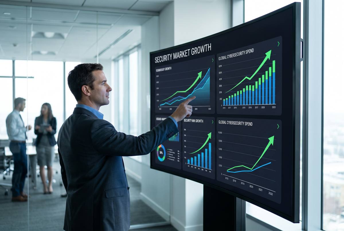Empresario señalando gráficos de crecimiento del mercado de seguridad en una pantalla grande en sala de reuniones