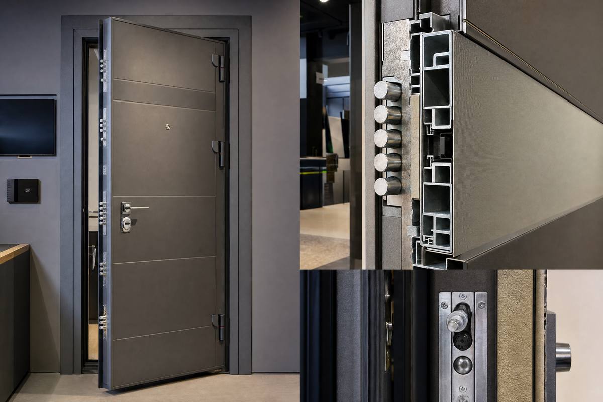 Puerta blindada de alta seguridad con múltiples puntos de anclaje y detalle de su estructura de acero reforzado