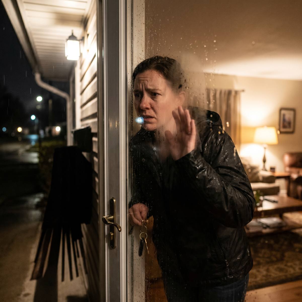 Persona encerrada fuera de su casa de noche mirando a través del cristal de la puerta