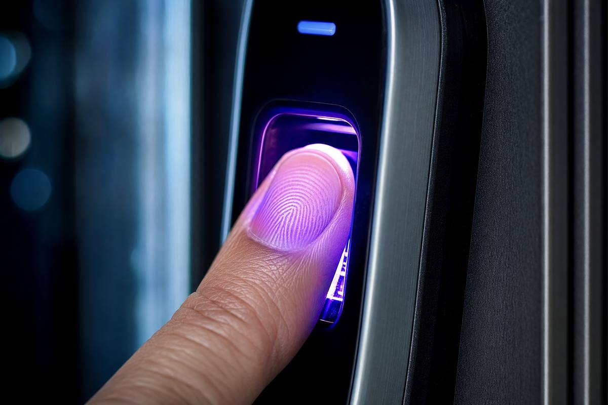 Dedo presionando un lector biométrico de huella dactilar con luz LED violeta en una cerradura de alta seguridad
